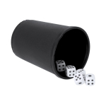 Juego de dados con cubilete de plástico textura rugosa color negro primera vista