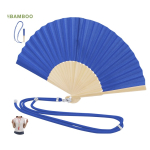 Abanico de poliéster con varillas de bambú y cuerda de transporte