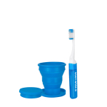 Set dental de viaje con cepillo y vaso plegable en bolsa de plástico vista principal