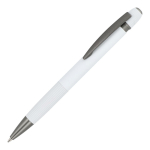 Bolígrafo pulsador de aluminio con rayas verticales tinta azul color blanco tercera vista