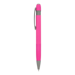 Bolígrafo pulsador de aluminio con rayas verticales tinta azul color rosa
