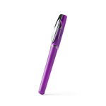 Bolígrafo roller de plástico con cuerpo metalizado y tinta azul color morado primera vista de uso