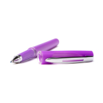 Bolígrafo roller de plástico con cuerpo metalizado y tinta azul color morado vista detalle 1