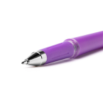 Bolígrafo roller de plástico con cuerpo metalizado y tinta azul color morado vista detalle 2