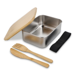 Fiambrera de acero inox con tapa de bambú,cubiertos y cierre elástico color plateado segunda vista