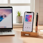 Soporte multifuncional de bambú natural con altavoz ampliador vista de ambiente