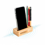 Soporte multifuncional de bambú natural con altavoz ampliador vista 3