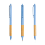 Bolígrafo con clip translúcido y agarre de bambú de tinta negra color azul claro