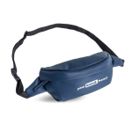 Riñonera resistente con protección salpicaduras y cinta ajustable color azul marino vista con logo impreso