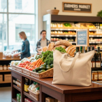 Bolsa plegable de algodón reciclado con fuelle y asas cortas 150 g/m2 vista de ambiente