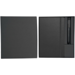 Set de regalo con libreta de tapa dura y bolígrafo de tinta negra color negro tercera vista frontal