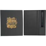 Set de regalo con libreta de tapa dura y bolígrafo de tinta negra color negro segunda vista impresión serigrafía