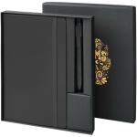 Set de regalo con libreta de tapa dura y bolígrafo de tinta negra color negro vista impresión serigrafía