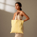 Bolsa de algodón reciclado con asas largas y diseño rayado 180g/m² color amarillo tercera vista