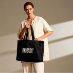 Bolsa oversize de algodón reciclado con fuelle y asas largas 220g/m² color negro tercera vista