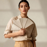 Abanico plegable de bambú y poliéster para eventos 23cm color natural sexta vista