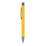 Bolígrafo de aluminio con tacto suave, cuerpo esbelto y tinta negra color amarillo tercera vista