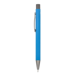 Bolígrafo de aluminio con tacto suave, cuerpo esbelto y tinta negra color azul claro tercera vista