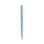 Bolígrafo de aluminio reciclado giratorio con escritura negra color azul pastel vista frontal