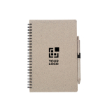 Libreta de paja de trigo y plástico con bolígrafo A5 hojas a rayas color marrón vista de impresión