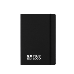 Libreta de cartón con cierre elástico A5 y hojas a rayas color negro vista de impresión