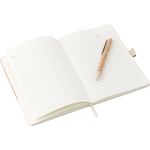 Libreta de corcho y lino con bolígrafo tinta azul y hojas a rayas tercera vista