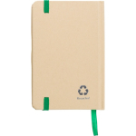 Libreta de cartón reciclado con marca páginas A6 y hojas a rayas cuarta vista
