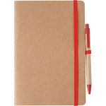 Libreta de cartón reciclado con bolígrafo A5 y hojas en blanco color rojo primera vista