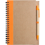 Bloc de notas de cartón reciclado con bolígrafo A5 hojas a rayas color naranja primera vista