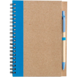 Bloc de notas de cartón reciclado con bolígrafo A5 hojas a rayas color azul claro primera vista