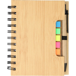 Libreta de bambú con notas adhesivas, bolígrafo y hojas a rayas color marrón primera vista