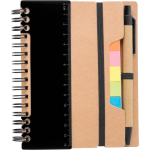 Libreta de papel reciclado con notas adhesivas, boli y hojas a rayas color negro primera vista