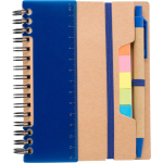 Libreta de papel reciclado con notas adhesivas, boli y hojas a rayas color azul primera vista