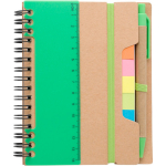 Libreta de papel reciclado con notas adhesivas, boli y hojas a rayas color verde claro primera vista