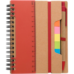 Libreta de papel reciclado con notas adhesivas, boli y hojas a rayas primera vista