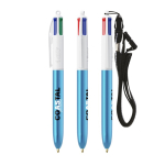 Bolígrafo de plástico acabado metálico y tinta de 4 colores Shine BIC® color azul cian