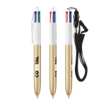 Bolígrafo de plástico con cinta para colgar y tinta de 4 colores BIC® color dorado