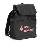 Mochila de cuero sintético con solapa ideal para portátiles de 16” color negro imagen con logo