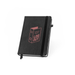 Cuaderno con planificación mensual y banda elástica A5 hojas a rayas color negro imagen con logo