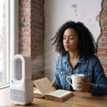 Ventilador portátil sin aspas con luz LED de 6 colores y 4 velocidades color blanco novena vista