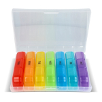 Pastillero semanal de plástico con 7 cajas y 3 compartimentos por día color multicolor cuarta vista