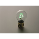 Bombilla LED decorativa con diseño de filamento y accionada con pilas color verde fluorescente vista fotografía tercera vista