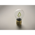 Bombilla LED decorativa con diseño de filamento y accionada con pilas color verde fluorescente vista fotografía cuarta vista