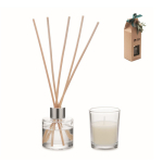 Set aromático con difusor en vidrio y vela de aroma de vainilla color beige vista de impresión