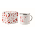 Taza de metal esmaltado con estilo navideño en caja individual 300ml color blanco