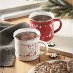 Taza de metal esmaltado con estilo navideño en caja individual 300ml color blanco vista bodegón