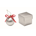 Bola de Navidad para colgar con cinta y presentada en caja de regalo color plateado