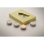 Set de 12 velas de té con aroma a canela en caja navideña color beige vista fotografía cuarta vista