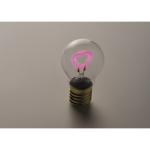 Bombilla LED decorativa con filamento en forma de corazón y pilas color fucsia fluorescente vista fotografía tercera vista