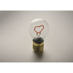 Bombilla LED decorativa con filamento en forma de corazón y pilas color fucsia fluorescente vista fotografía cuarta vista